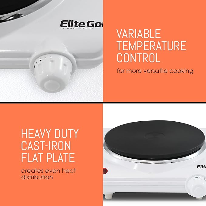 Elite Gourmet ESB-301F Countertop Single Cast Iron Burner, 1000 Watts Electric Hot Plate, Temperature Controls, Power Indicator Lights, Easy to Clean, White