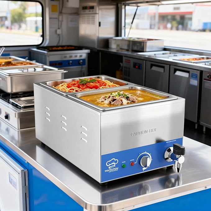 2-Pan Commercial Food Warmer with Non-Leakage Stretch-Forming Water Tank &2 of 1/2 Size GN Pan,Countertop Soup Station Bain Marie with Drain Tap for Buffet,Catering,Parties and Restaurants