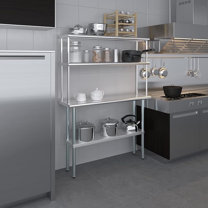 Amgood Stainless Steel Work Table Double Tier Overshelf | NSF 14" x 48" Work Table + 12" Overshelf