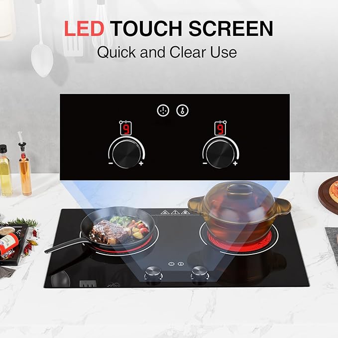 2400W Electric Cooktop: 24" Electric Stove 2 Burner Hot Plate Double Burner Cooktop, GTKZW Knob Control Countertop & Built-in, 9 Power Levels, Child Lock, Timer, Suitable for all Pans