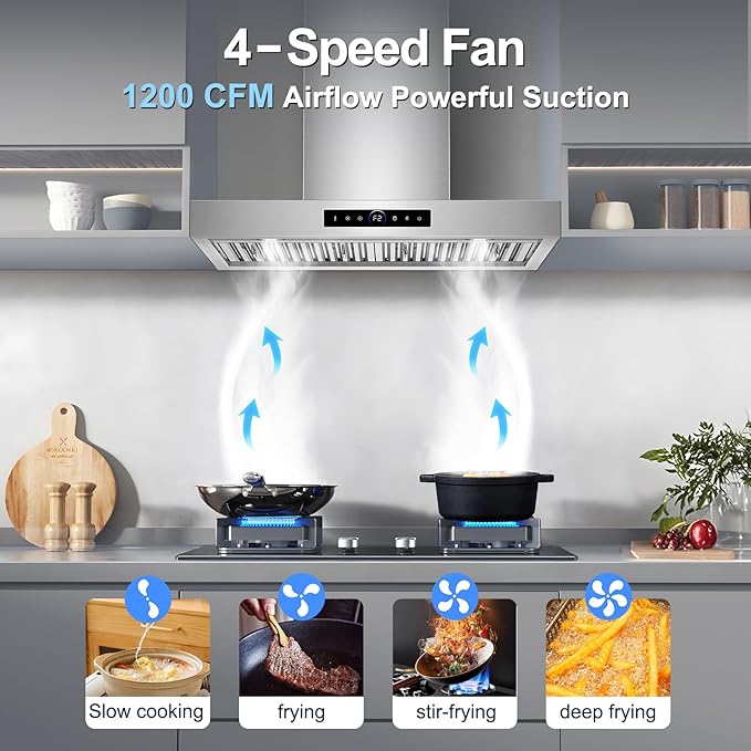 30 inch Wall Mount Range Hood, 1200 CFM with 4-Speed Gesture Sensing & Touch Control, Stainless Steel Ducted Kitchen Stove Vent Hoods with 2 LED Lights, Time Setting, Dishwasher-Safe Baffle Filters