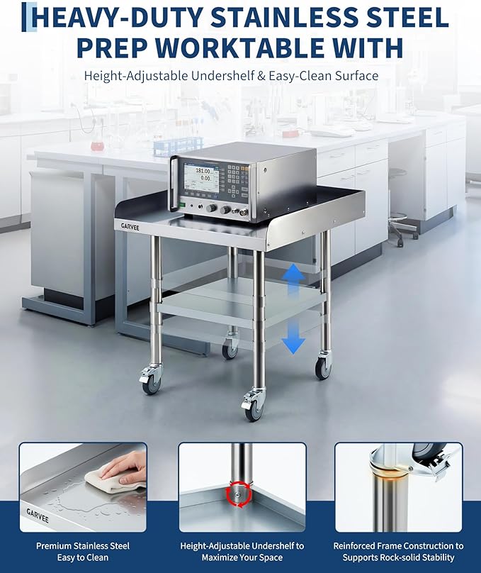 Garvee Stainless Steel Work Table, 24x36x26 Inch Commercial Food Prep Worktable with Wheels, Detachable 3-Sided Backsplash & Height-Adjustable Shelf, Heavy Duty Workbench for Kitchen Restaurant Garage