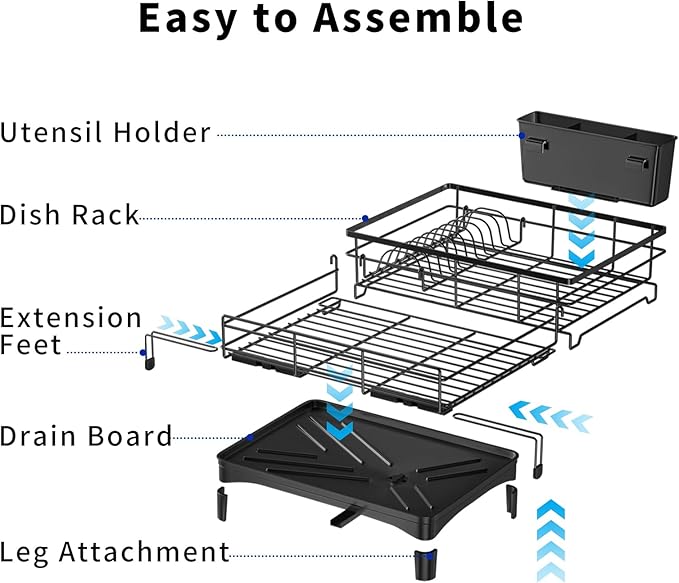 MIKEE Large Dish Drying Rack for Kitchen Counter, Expandable Rustproof Dish Drainer - Over The Sink Dish Drying Rack with 360° Rotating Drain, Kitchen Utensil Holder, Home and Kitchen Organization