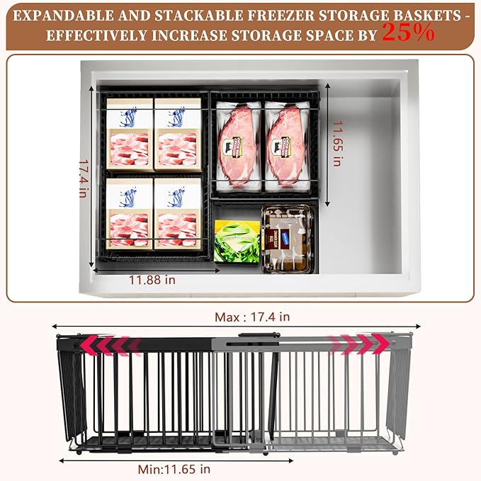 Large Freezer Organizer Bins，Upgraded Bottom Leak-Proof net，Fit 10 to 20 Cu.Ft Deep Freezer，4Pack， Expandable Stackable Chest Freezer Organizer Bins , for Fridge, Deep Freezer, Cabinet