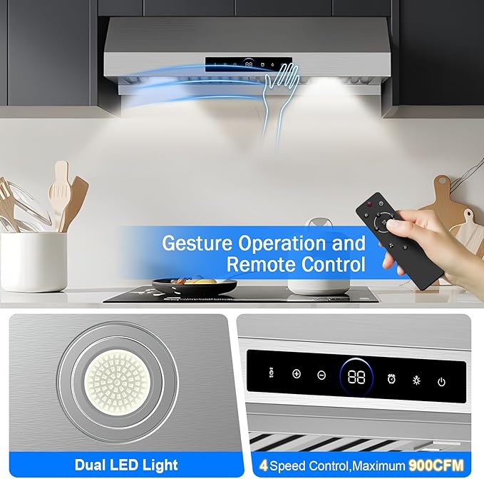 30" Under Cabinet Range Hood- 1200CFM Ultra Powerful Stainless Steel Ducted Vent Hood with 4 Speeds,Smart Touch Panel, 3W LED Lights, Quiet Kitchen Exhaust Hood,17S-E30