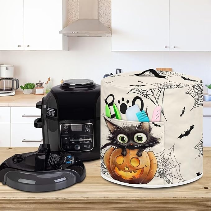 Kitchen Appliance Dust Cover for Portable Air Fryer Round Protective Bag with Top Handle and Storage Pocket 6 Quart Pressure Cooker Cover Halloween Cute Black Cat