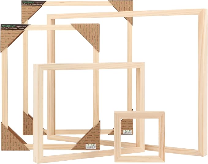 Creative Mark Ambiance Unfinished Deep Gallery Frame, 16x20" Open Back Natural Wood Frames for Canvas and Mounted Artwork, 3/4" Face, 1-1/4" Deep, No Glass or Backing