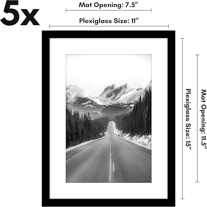Americanflat 11x15 Picture Frame with Polished Plexiglass - Set of 5 - Use as 8x12 Frame with Mat or Display 11x15 Photo Without Mat - Galleria Collection - Picture Frames for Wall Display - Black