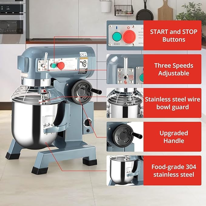 Commercial Mixer 20 QT, 1100W Electric Mixer 3 Speeds Adjustable, Stainless Steel Bowl Heavy Duty Mixer with Safety Guard, Dough Hook Whisk Beater Included, Perfect for Bakery Pizzeria