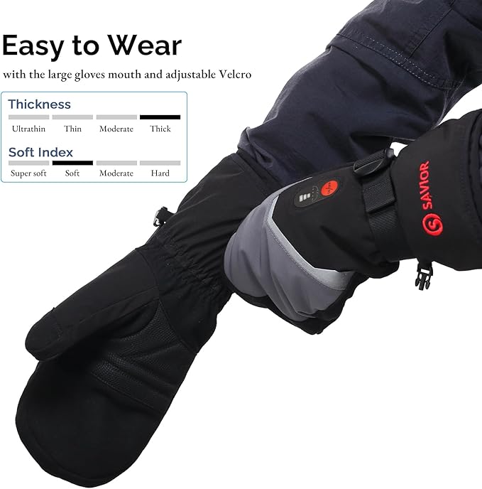 SAVIOR HEAT Heated Mittens Battery Ski Gloves, Upgraded Electric Rechargeable Mitts for Skiing Camping Hiking Arthritis Hands Men Women