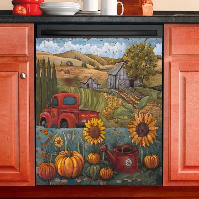 Farm Sunflower Pumpkin Dishwasher Magnet Cover,23" x 26" Dishwasher Cover,Retro Countryside Autumn Landscape Magnetic Decal Vinyl Sticker Kitchen Decor Refrigerator Magnets Self Adhesive Wrap