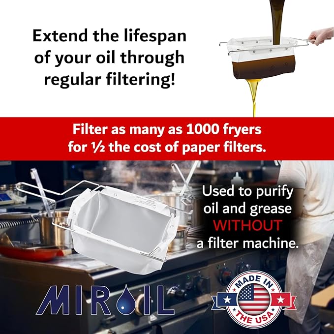 MirOil B5FS Fryer Oil Filter Bag & Frame Combo, Extends Life, Polish Hot & Cold Cooking Oil for Filtration for Deep Fryers, Fits on Top of Fryer Filter Pot, Pails & Storage Containers for Food Service