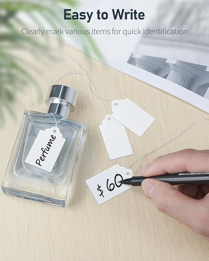 Uniclife 200 Pcs Price Tags 1.8 Inch Writable Price Labels White Price Display Tag for Pricing Clothing Jewelry Gifts Blank Hang Tag Merchandise White Marking Tags with Strings, 1.8" x 1"