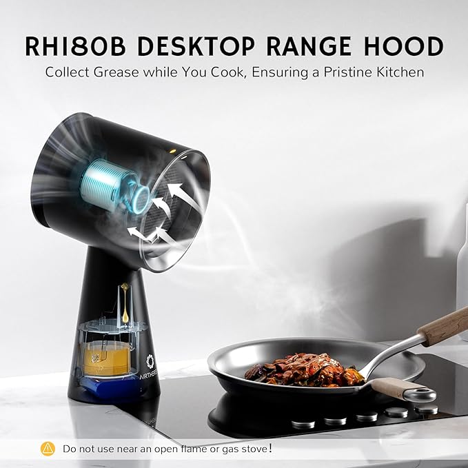 Airthereal Rechargeable Portable Range Hood, Desktop Range Hood with Battery Powered, 3-Fan Speeds and Large Oil Collection Cup, Upgraded Portable Kitchen Exhaust Fan for RV Cooking, RH180B Black