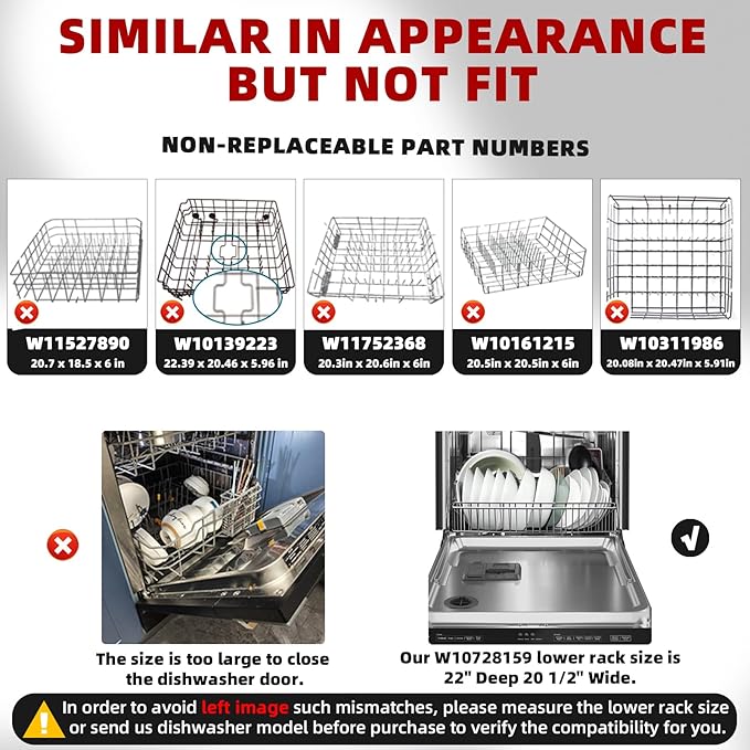 Upgraded W10728159 Dishwasher Lower Rack for Maytag Dishwasher Rack with Wheels, W10525646 W10780925 W10082825 Lower Rack Replacement for Kitchenaid Dishwasher Rack Parts, 22"D by 20.8"W