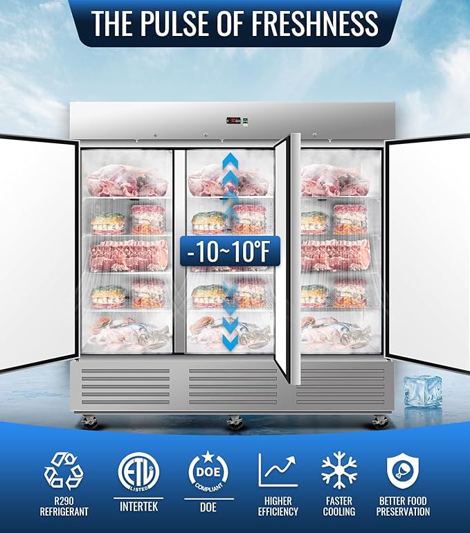 81" W Commercial Freezer, ETL Certified 72.6 Cu.ft Stainless Steel Reach-in Upright Freezer,Auto Defrost,Fan Cooling,Digital Temperature Control (-10°F - 10°F) Used to Restaurant,Bar,Shop
