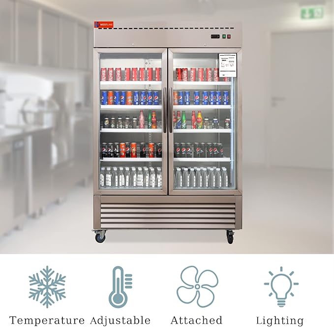 WESTLAKE 54" W Commercial Display Refrigerator 2 Glass Door Merchandiser 2 Section Stainless Steel Reach-in Glass Door Upright Fan Cooling 49 Cu.ft Cooler for Restaurant, Bar, Shop, etc
