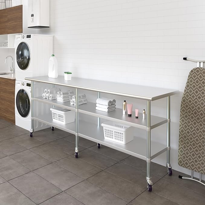 AmGood Stainless Steel Work Table with 2 Shelves and Casters | Metal Utility Table On Wheels (Stainless Steel, 96" Long x 24" Deep)