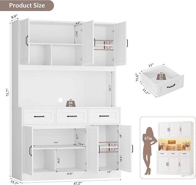 HOSTACK 72" Tall Kitchen Pantry Cabinet with Charging Station | LED Lights, 47" W Kitchen Pantry Storage Cabinet with Countertop, Modern Kitchens Hutch Cabinets with Storage for Dining Room, White