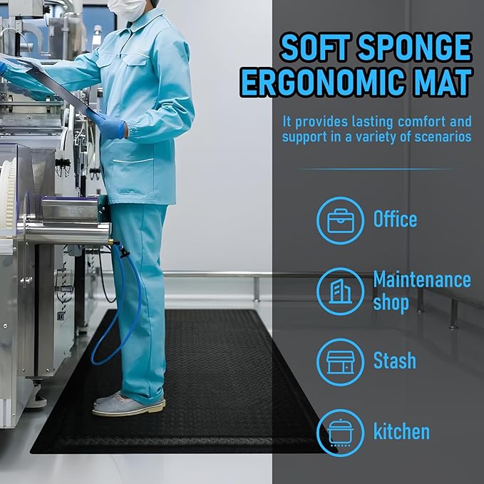 2 x 5 FT Anti Fatigue Mats Industrial 15/16 Inch Thick Soft Sponge Ergonomic Mat Durable Heavy Duty Diamond Plate for Standing Non Slip Industrial Grade Floor Mat for Leg & Back Pain (Black)