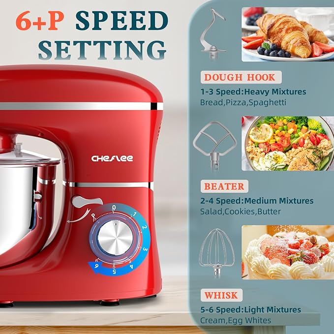 CHeflee Stand Mixer,660W 6+P With 6.5QT Stainless Steel Bowl,Dough Hook, Wire Whip & Beater,for Most Home Cooks (Blue)