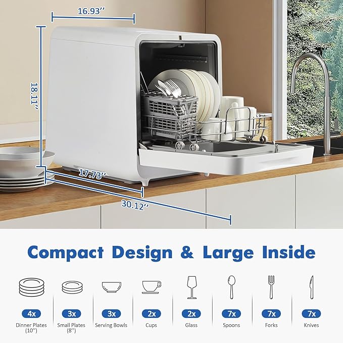 Countertop Portable Dishwasher, Compact Mini Dishwasher with Faucet & Self-Priming Water Inlet, 6 Wash Programs, High-Temp Cleaning, No Hookup Needed, for RV, Apartment, Dorm