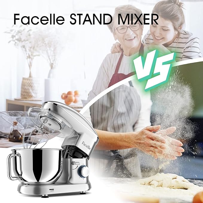 Facelle Stand Mixer, Electric Kitchen Mixer, 660W 6 Speed Tilt-Head stand mixer with Pulse, Attachments include 6.5QT Bowl, Dishwasher Safe Beater,Dough Hook,Whisk for Dough,Baking,Cakes,Cookie-Silver