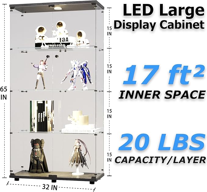 64.5" H 4-Shelf LED Lights Glass Display Cabinet with Double Door,Modern Curio Cabinet Collection Display Case,Floor Standing Bookshelf Glass Case with Lock for Living Room,Home Office (Black)