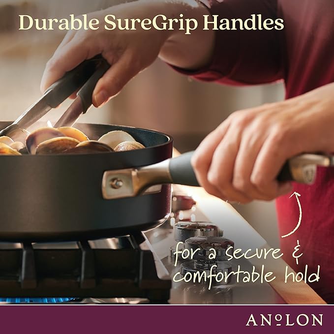 Anolon Advanced Home Hard Anodized Nonstick Wide Stockpot with Stainless Steel Steamer Insert and Glass Lid, 3 Piece Cookware Steamer Set, Moonstone