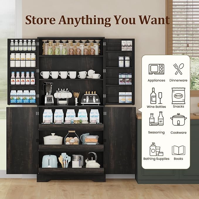 72" Kitchen Pantry Storage Cabinet, Farmhouse Pantry Cabinet with 8 Hanging Rack Shelves & 3 Pull-Out Racks, Pantry Storage Cabinet, Freestanding Cupboard for Kitchen, Dining Room, Oak