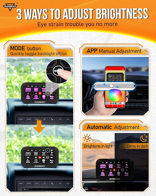 Auxbeam 8 Gang Switch Panel AR-800 Bluetooth RGB Switch Pod Toggle Momentary Pulsed Dimmable Backlight Multifunction Switch Panel with Memory Function 12-24V Truck Offroad ATV Marine Waterproof