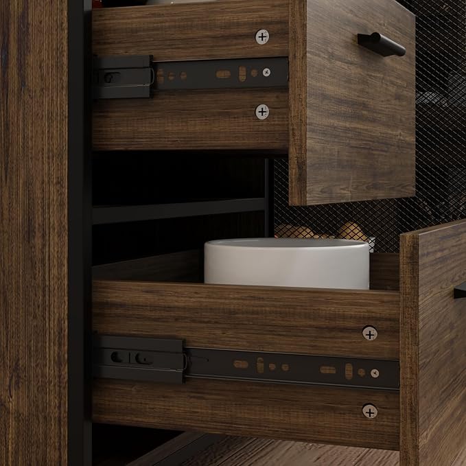 MOUMON Kitchen Pantry Cabinet with Hutch and 4 Doors, Pantry Storage Cabinet with Pegboard & Hutch, 6 Drawers and Shelves, Brown and Black, 15.7”D x 70.9”W x 68.5”H