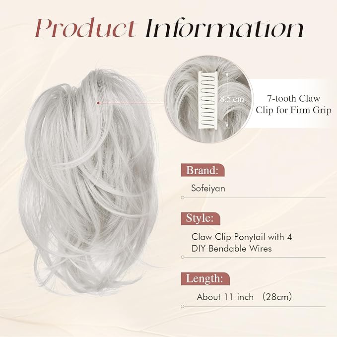 SOFEIYAN Claw Clip Short Ponytail Extension DIY Bendable Wires Hair Bun Fluffy Fake Hair Piece Straight Synthetic Hair Ponytail Extensions for Wonen