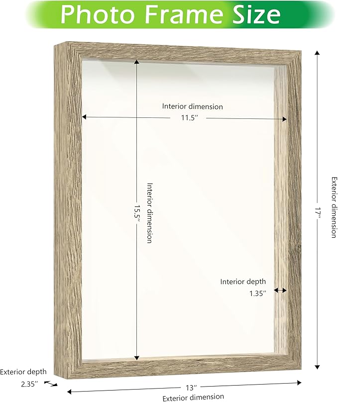 FrameWorks 12x16 Driftwood Wooden Shadow Box Frame – Soft Felt Back, Tempered Glass, and Included Elegant White Ball Push Pins