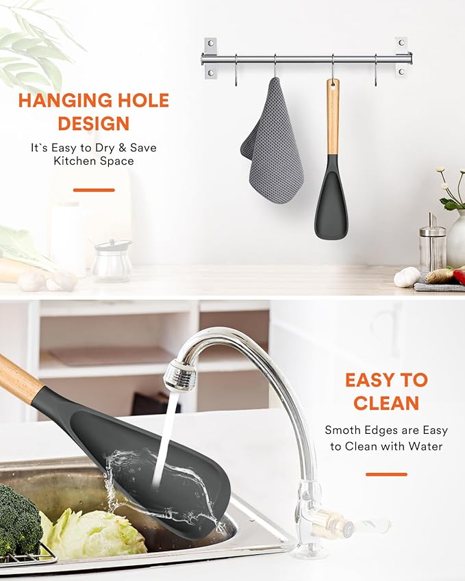 Cooking Spoon for Nonstick Cookwares, Great for Cooking and Serving Sturdy BPA-Free Matte Silicone, Wood Handle Spoon for Mixing, Scoop, and Scrape (GREY, 13.4 inch)