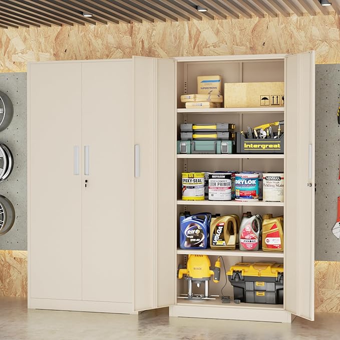 Crownland 72" Metal Storage Cabinet, Lockable Garage Storage Cabinets, High Office Cabinet with Adjustable Shelves for Garage, Home Office, Classroom, Pantry, File(Warm Grey-Narrow Size)