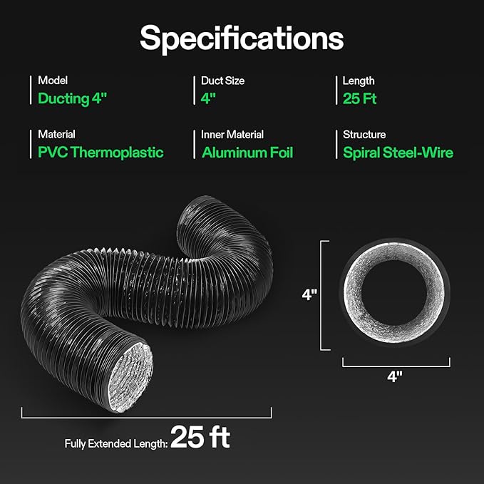 VIVOSUN 4'' Flexible Aluminum Duct, 25 FT Long Heavy-Duty Multi-Layer Air Hose for HVAC Ventilation, Dryer Vent Hose for Grow Tents and Duct Fan Systems, 2 Clamps Included