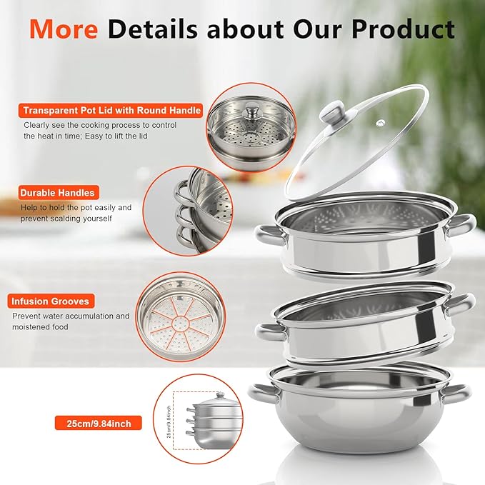 3-Tier Stainless Steel Steamer Pot for Cooking, 11"L Food Steam Pots with Transparent Lid & Rivets Handles, Multi-functions Kitchen Cookware for Cooking, Steaming and Boiling