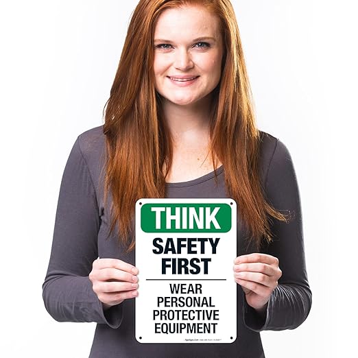 Think Safety First Wear Personal Protective Equipment Sign, 10x7 Inches, 55 mil Thick HDPS (high Density polystyrene), Made in USA by Sigo Signs