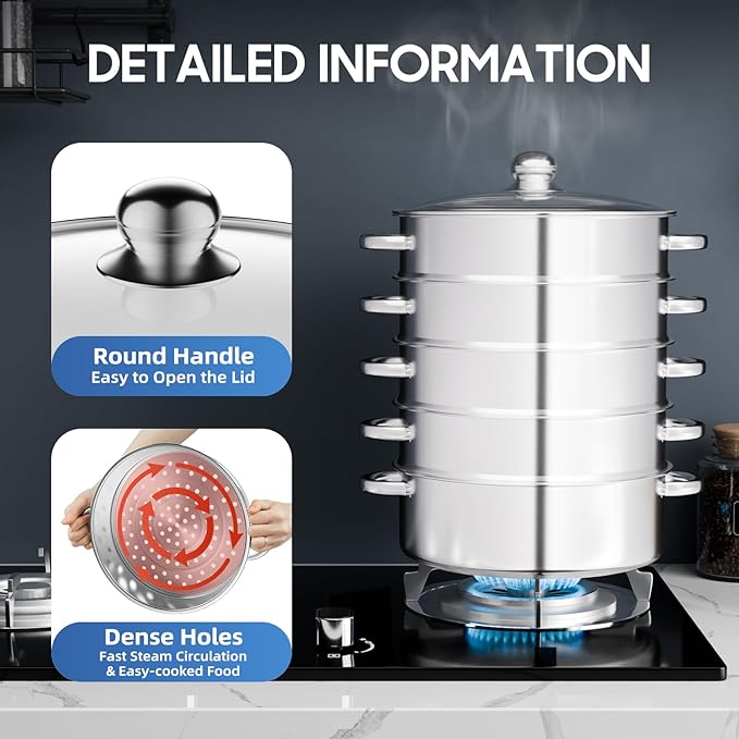 5 Tier Steamer Pot, 304 Stainless Steel Food Steamer with 4 Steaming Grids & 11.02in Bottom Cooking Pot, Stackable Steaming Pots Steam Cooker Cookware, Used for Cooking Dumplings, Steamed Buns