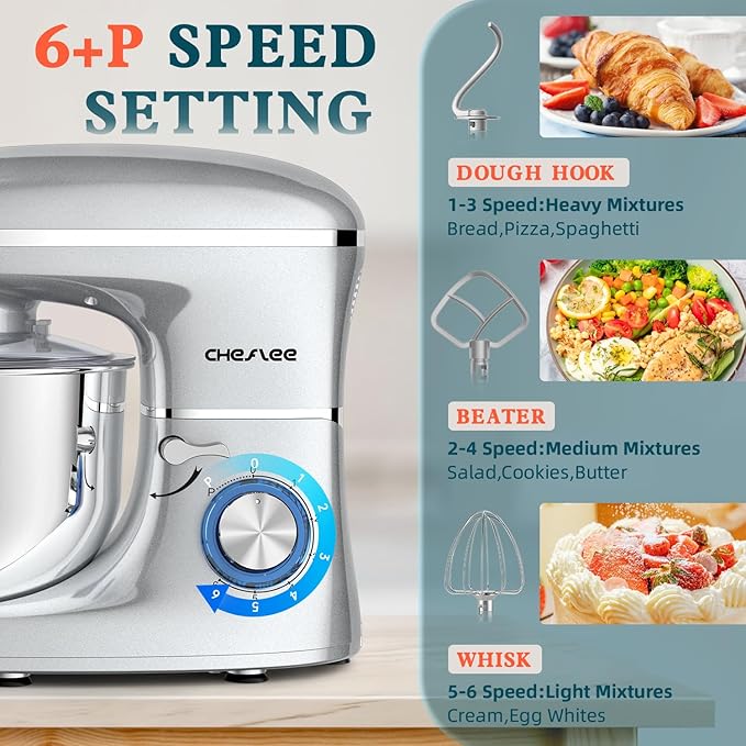 CHeflee Stand Mixer,660W 6+P With 6.5QT Stainless Steel Bowl,Dough Hook, Wire Whip & Beater,for Most Home Cooks (Silver)