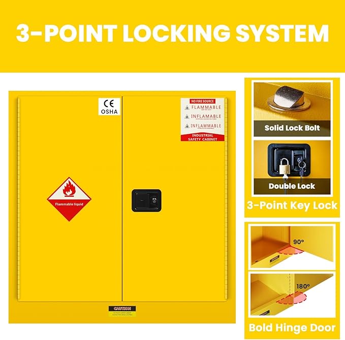 Flammable Storage Cabinet 60 Gallon Yellow, Galvanized Steel Large-Capacity Hazardous Storage Cabinet, Dual Vents & 3-Point Lock for Warehouses, Industrial Use & Residential Garages