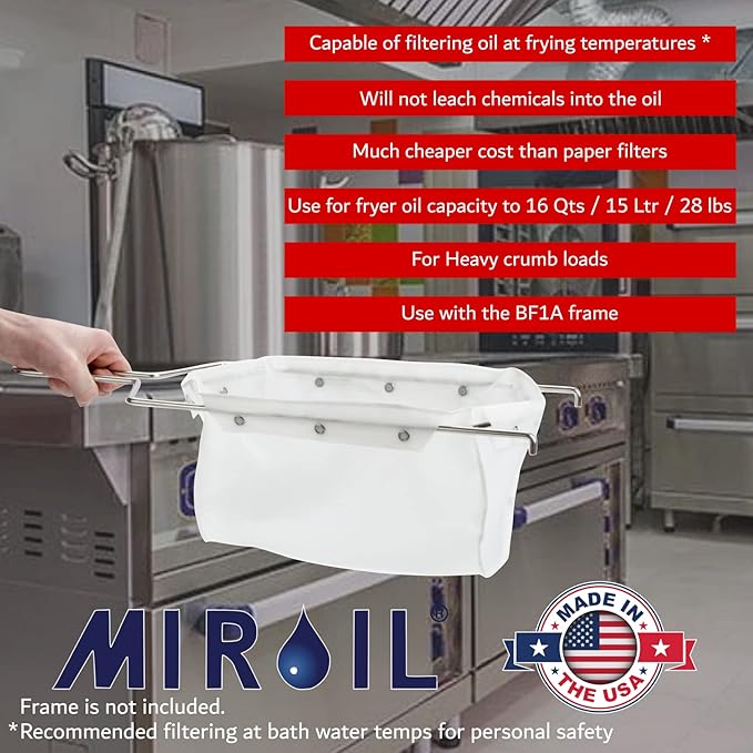 Miroil B33PS Fryer Filter Frame & Bag Combo, MirOil EZ Flow Filter Bag, Part 12849, For Heavy Crumbloads, Suitable for 16 Qt or 28 lb Polishing Oil, Durable, Easy to Clean with Hot Water
