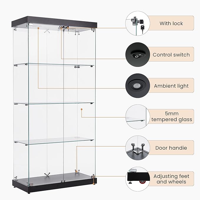 Yoluckea 4 Shelves Glass Display Cabinet with Light and 2 Doors, Floor Standing Clear Glass Curio Cabinet Collection Display for Living Room Bedroom 66.3” x 31.5” x 14.2” Black