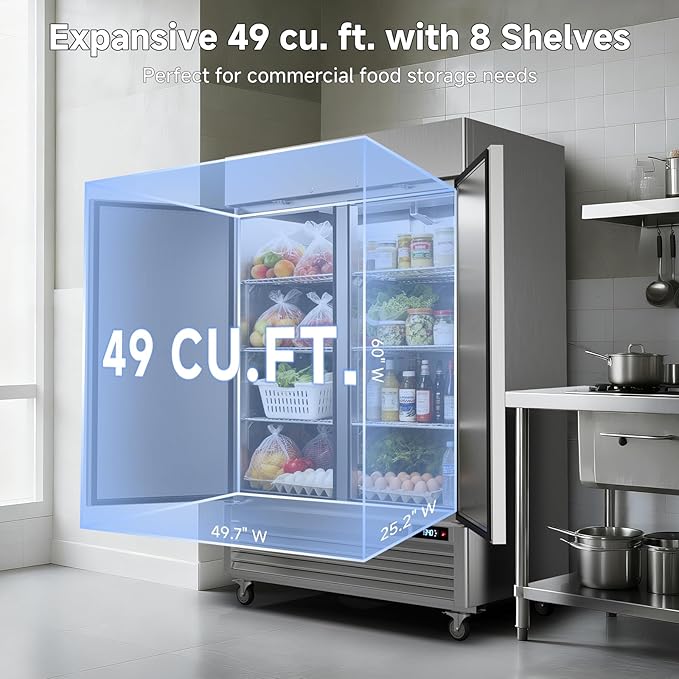 VEECOOL 54.4" W Commercial Refrigerator WiFi Enabled Stainless Steel 2 Door Reach in Fridge with Smart App Control, 49 Cu.Ft Fan Cooling Upright Fridge for Restaurant Bar Cafe Garage