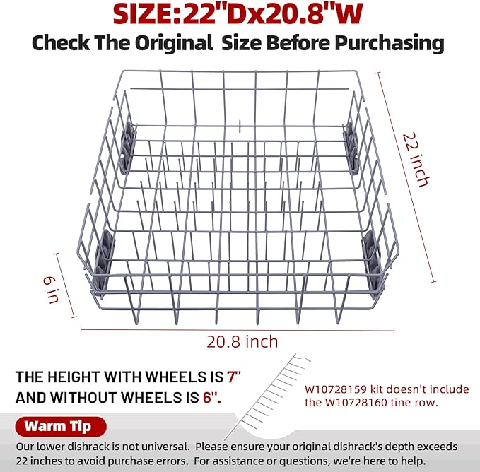 Upgraded W10728159 Dishwasher Lower Rack for Maytag Dishwasher Rack with Wheels, W10525646 W10780925 W10082825 Lower Rack Replacement for Kitchenaid Dishwasher Rack Parts, 22"D by 20.8"W