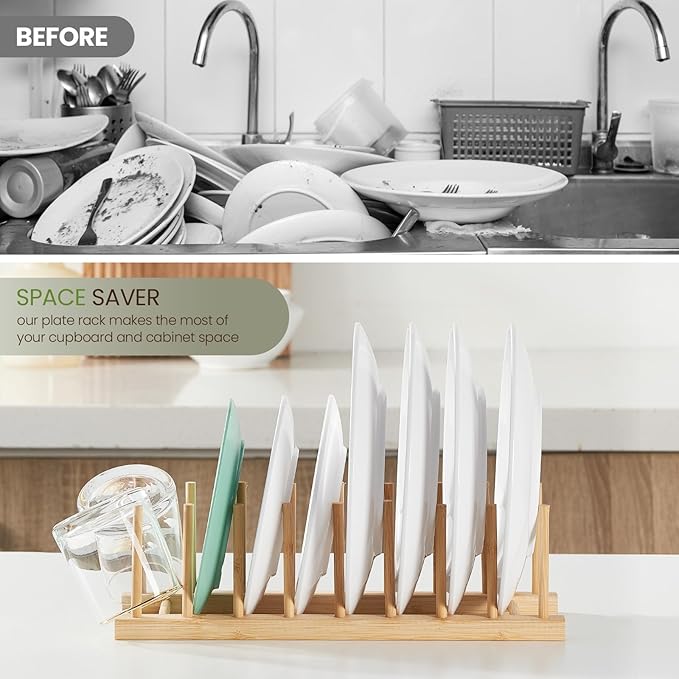 4 Pack Bamboo Wooden Dish Rack-Plate Pot Lid Cutting Board Organizer Holder Rack for Cabinet-Kitchen Cabinet Organizer for Dish, Pots, Lids, Bowls, Bottles, Books, and Puzzle
