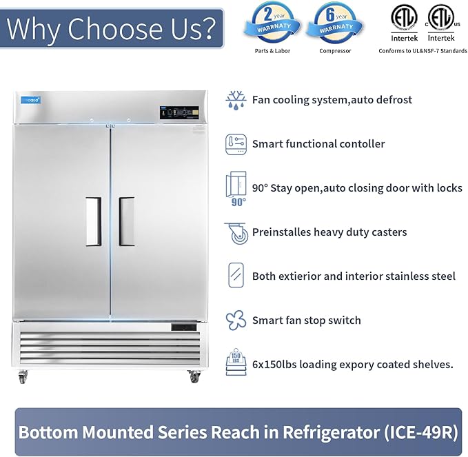 ICECASA 54" W Commercial Refrigerator Reach-in 49 Cu.ft 2 Solid Door Stainless Steel Commercial Refrigerator Fan Cooling for Restuarant, Bar, Shop, etc
