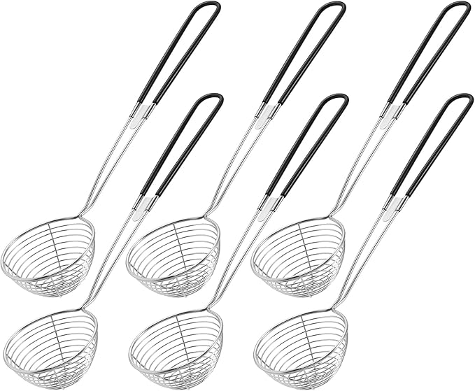 Geiserailie 6 Pieces 6 Pieces Hot Pot Kit Strainer Scoops Stainless Steel 2.5 Inch Mini Spider Strainer Skimmer Pasta Mesh Spoon Asian Skimmer Spoon Ladle with Handle for Home (Black)