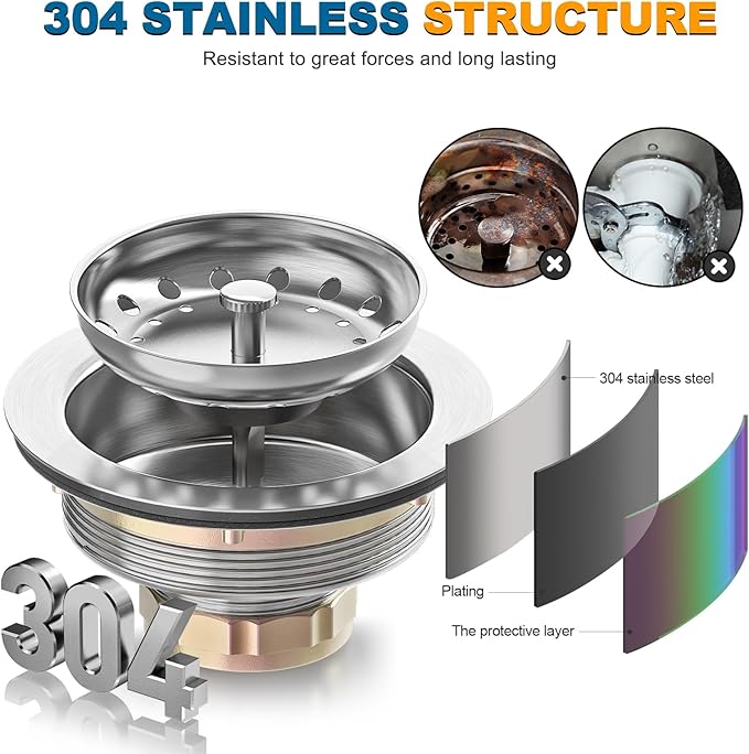 BOTEMY Stainless Steel Sink Drain Strainer Kit 3-1/2 inch Kitchen Drain Assembly with Metal Center Knob Basket Stopper Replacement for Standard Kitchen Sinks, Brushed
